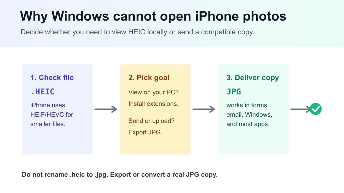 Decision map for iPhone HEIC photos that will not open on Windows