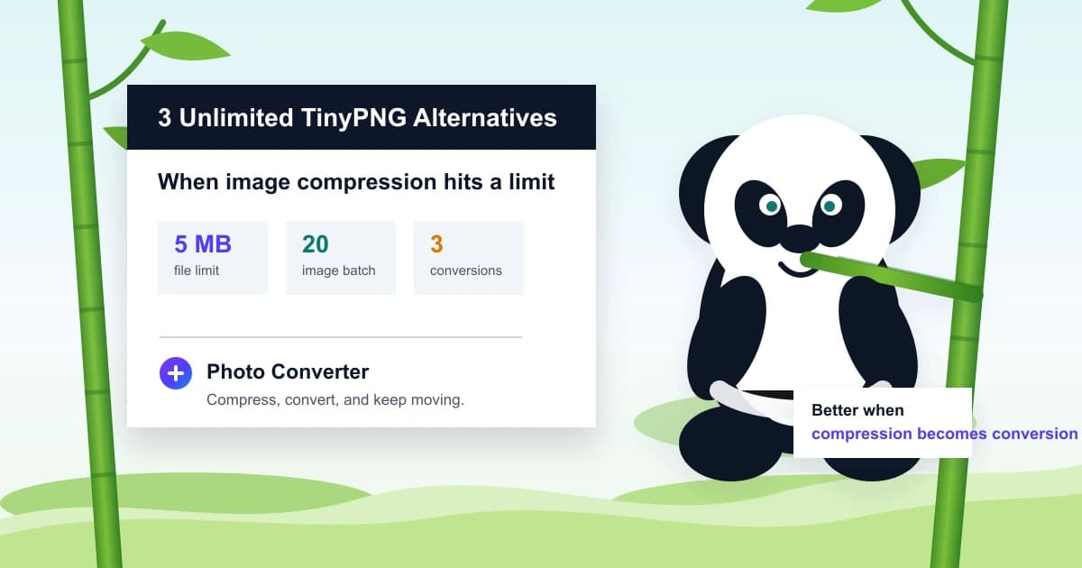 Panda-themed feature image for 3 unlimited TinyPNG alternatives and Photo Converter